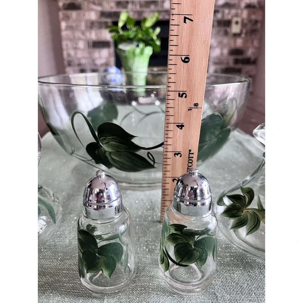 Vintage Hazel Atlas Green Ivy Glass Salad Set Bowl Cruets Salt Pepper Shakers
